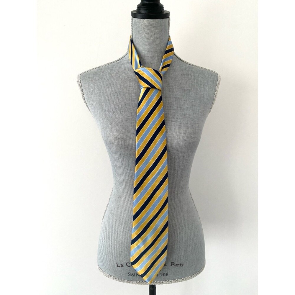 VTG Striped Yellow, Navy & Light Blue Men’s Silk Tie Preppy Bright Office Y2K